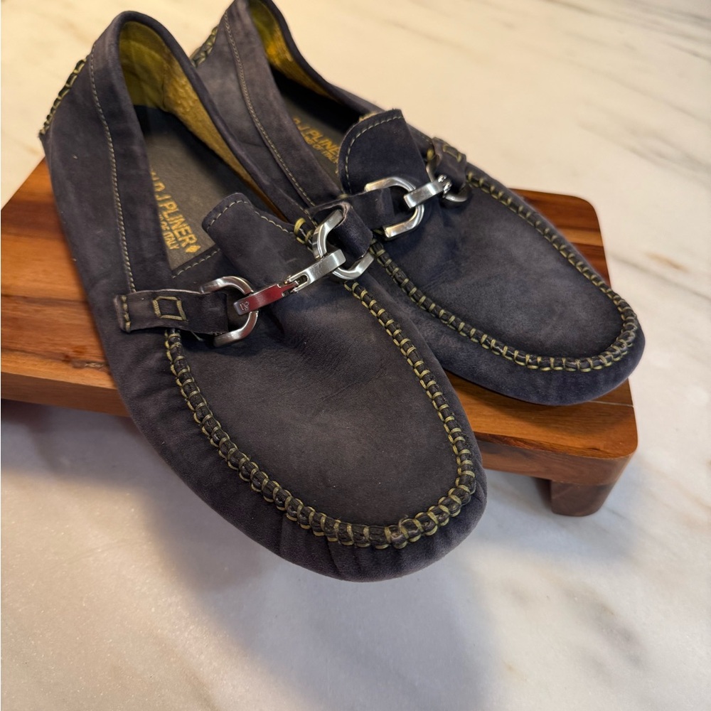 Donald J. Pliner Dark Gray Loafers with Silver Chain